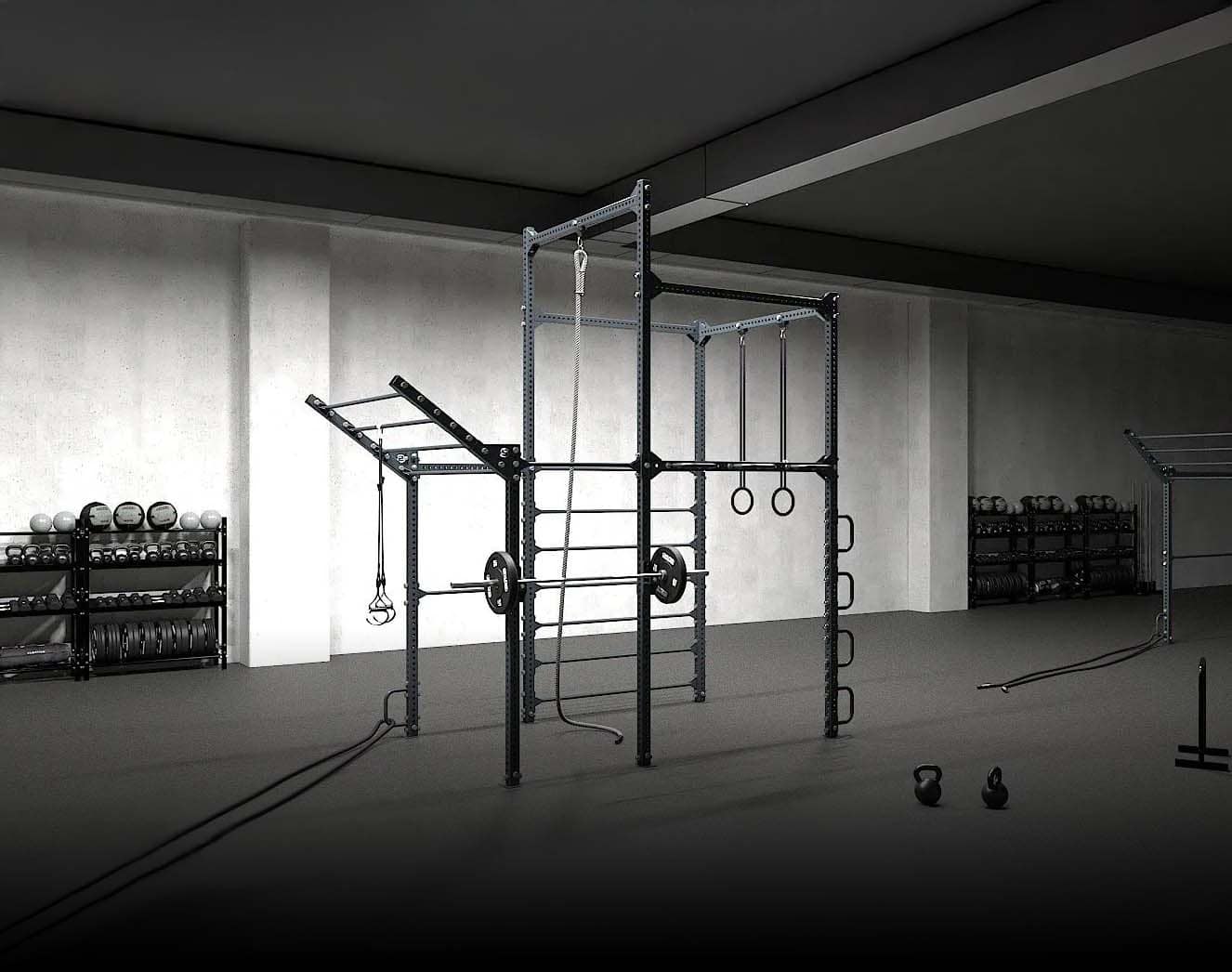 A calisthenics training area with bars, rings and kettlebells in a modern gym.