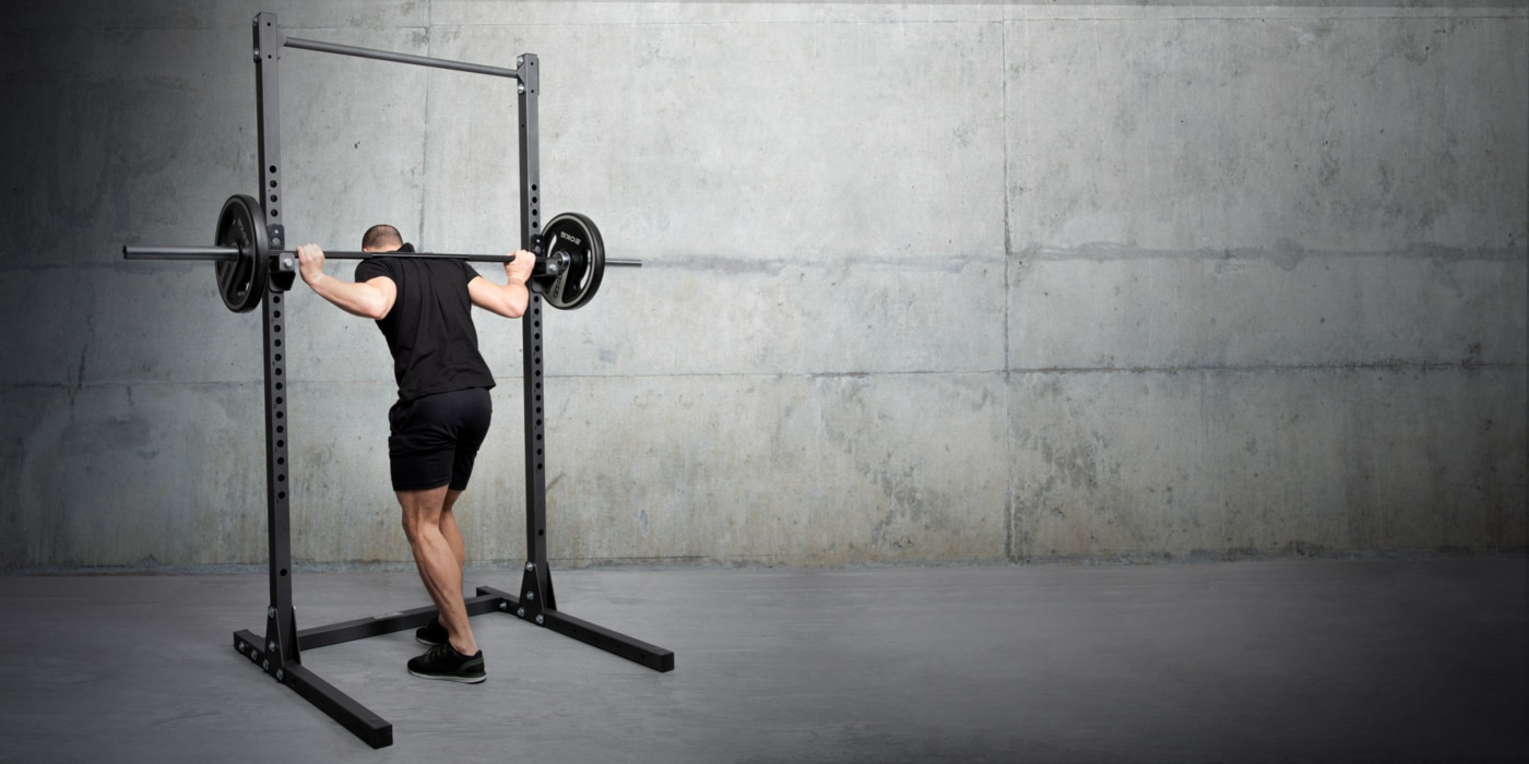 standing-rack-pro-squat-bilanciere-porta-dischi-safety-spotter- trazioni-pull-up-barbell-half-rack