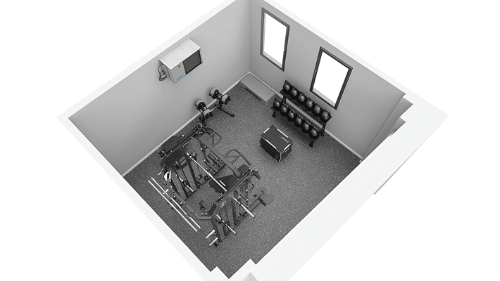 Heimtrainingsraum mit professionellen Fitnessgeräten, Gewichten, Hanteln und Maschinen, um ein funktionelles und individuelles Fitnessstudio für zu Hause zu schaffen.
