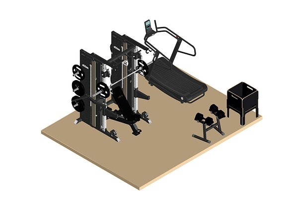 Professionelle Fitnessgeräte für zu Hause mit Laufbändern, Gewichten und Multifunktionsgeräten, ideal für die Schaffung eines funktionellen und individuellen Trainingsraums.