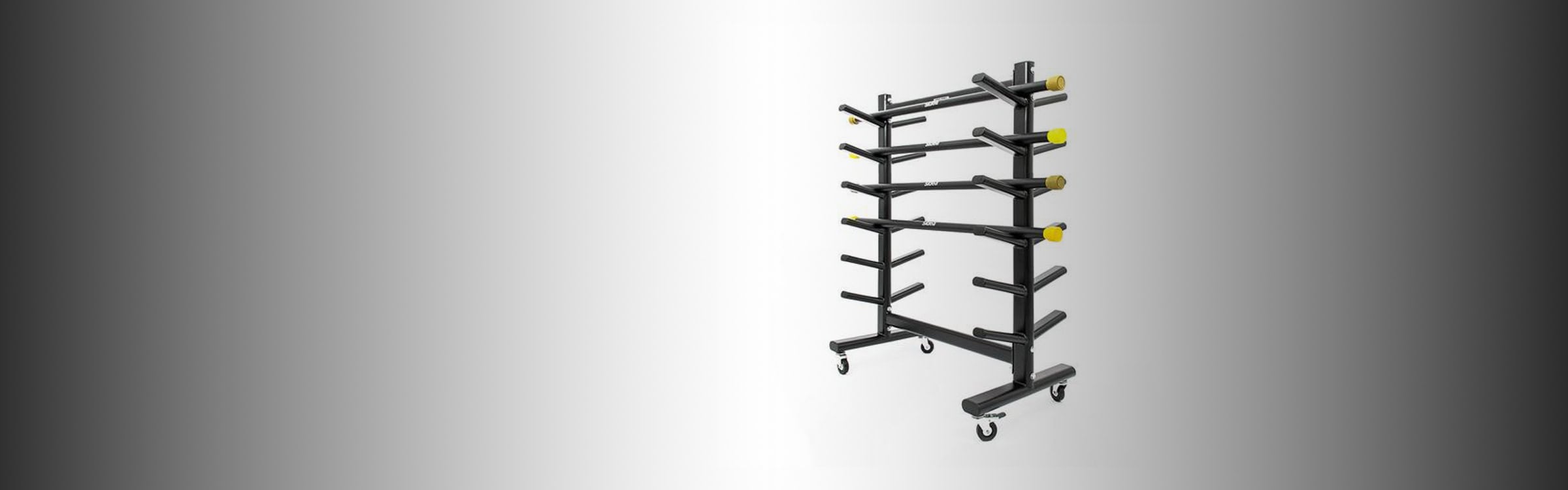 Supporto per barre da palestra con ruote, ideale per attrezzature fitness professionale.