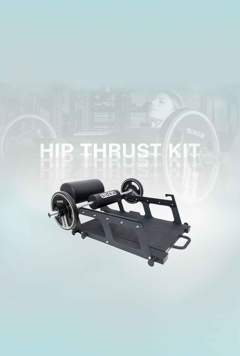 Attrezzatura fitness professionale: hip thrust kit con panca e pesi per allenamento glutei e core.
