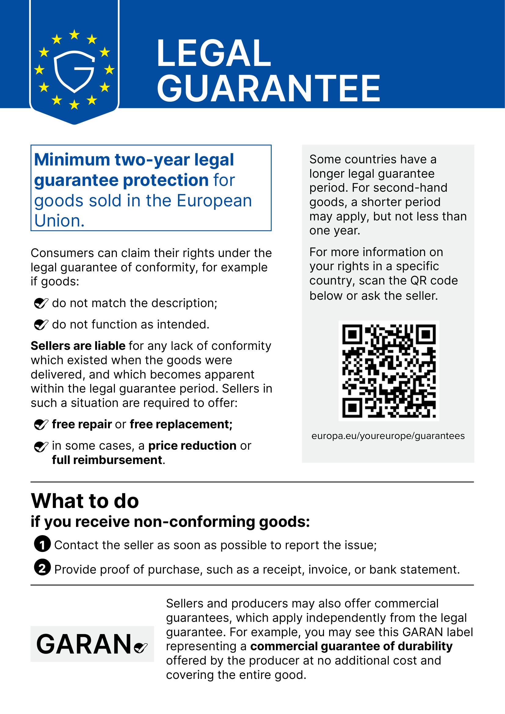 Harmonised notice on the statutory guarantee of conformity: a minimum two-year statutory guarantee applies to goods sold in the European Union. Sellers are liable for any lack of conformity and must offer free repair or replacement; in some cases, a price reduction or a full refund. QR code to europa.eu/youreurope/guarantees.