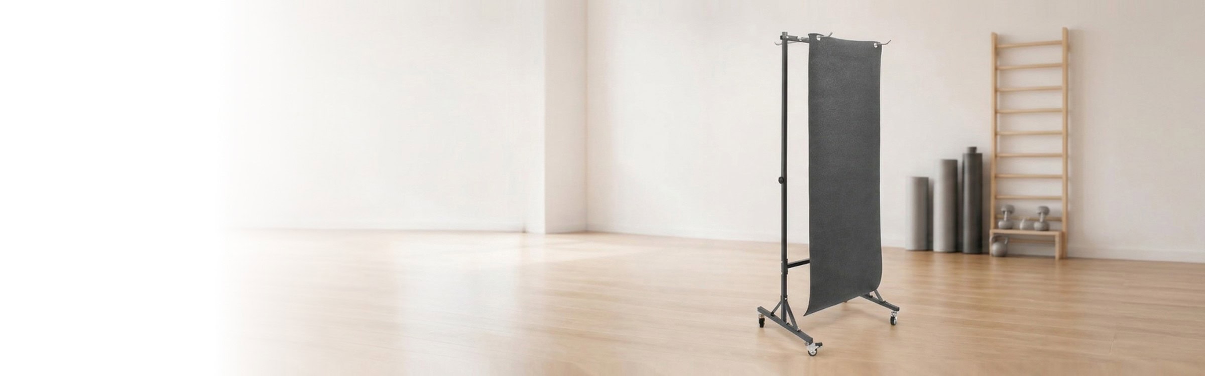 Professionelles Regal für Fitnessgeräte in einem modernen Fitnessstudio.