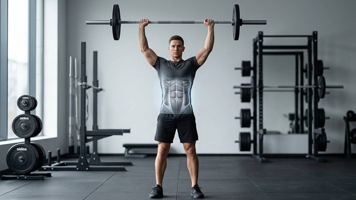 Uomo che esegue Military Press con bilanciere in palestra, focus sulla forza e la muscolatura delle spalle.