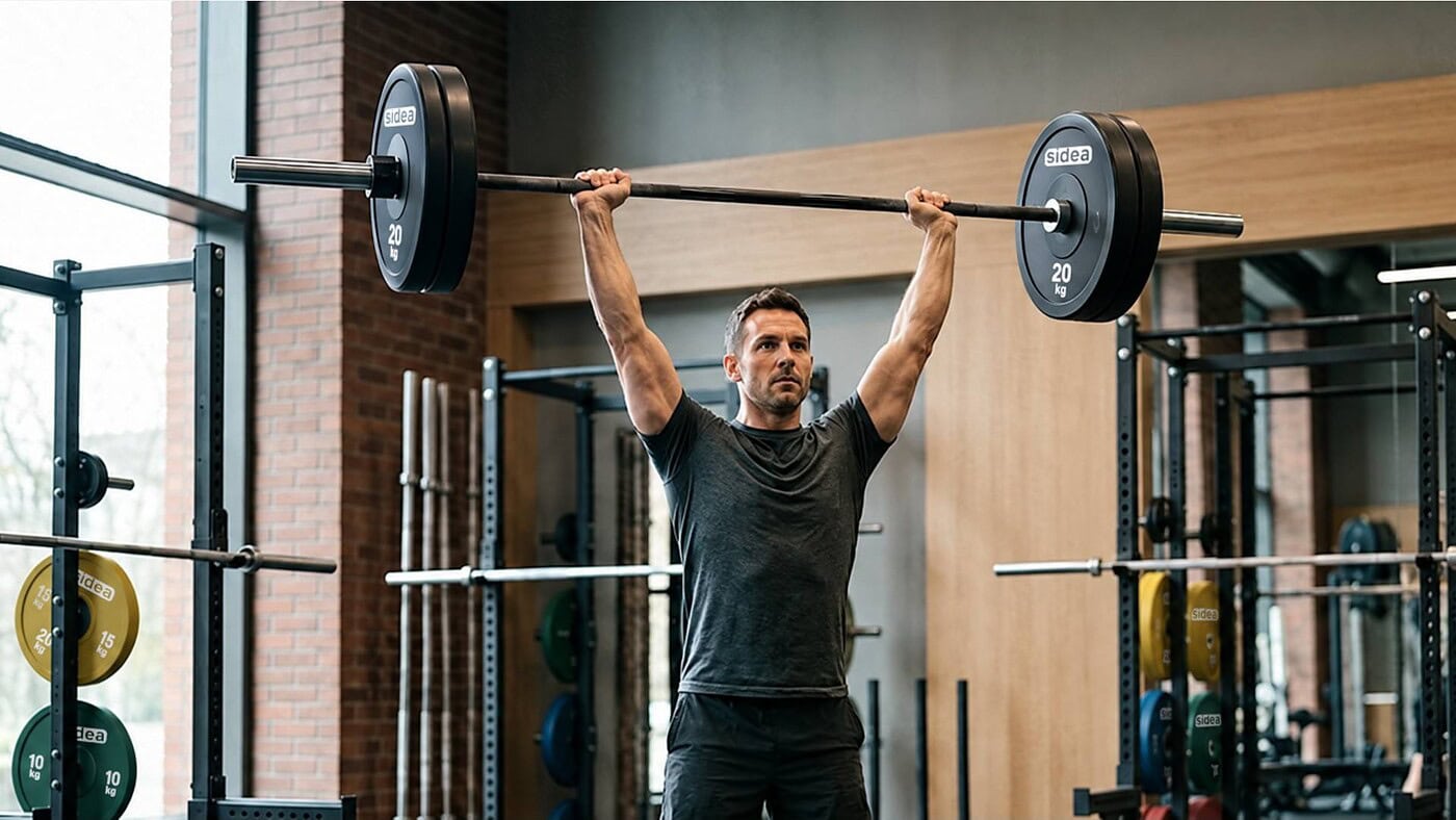 Uomo che esegue un Military Press con bilanciere in palestra, evidenziando la forza e la tecnica di sollevamento.