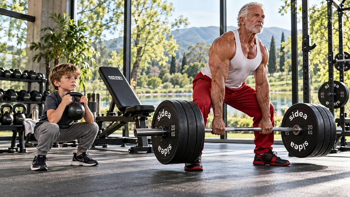 Uomo anziano che solleva un bilanciere con pesi pesanti in palestra all'aperto, con un bambino che si esercita con un kettlebell vicino.