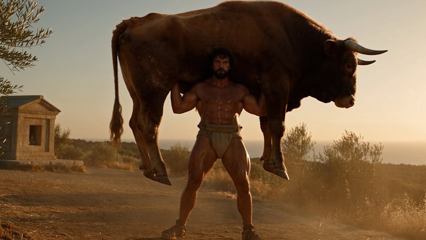 Uomo muscoloso solleva un grande bue in un paesaggio naturale al tramonto.