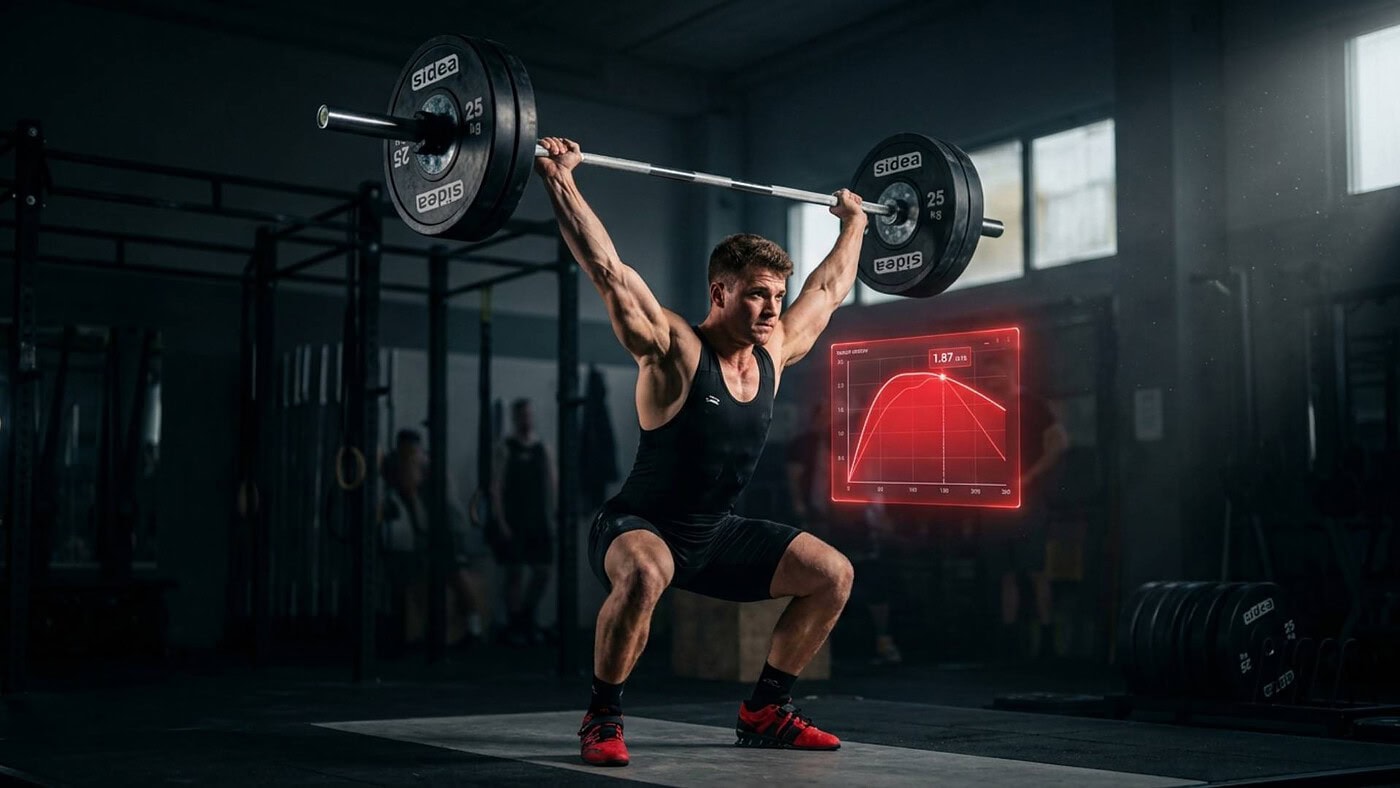 Atleta che esegue squat con bilanciere in palestra, monitor con grafico di performance.